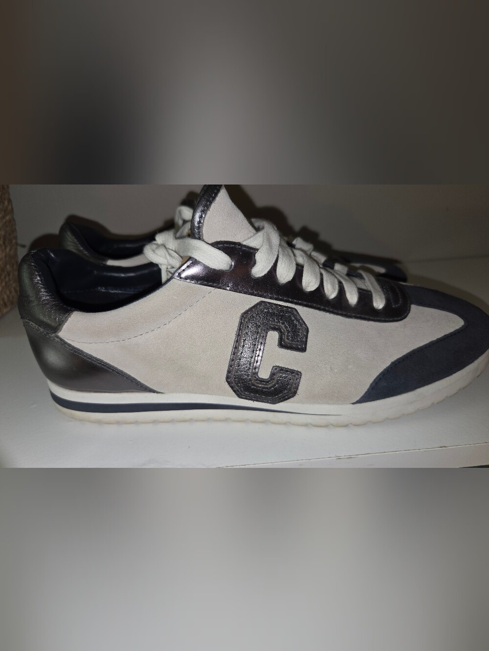 Coach Ian Suede Mirror Metallic Sneakers Midnight Navy Beige Women's Size 10